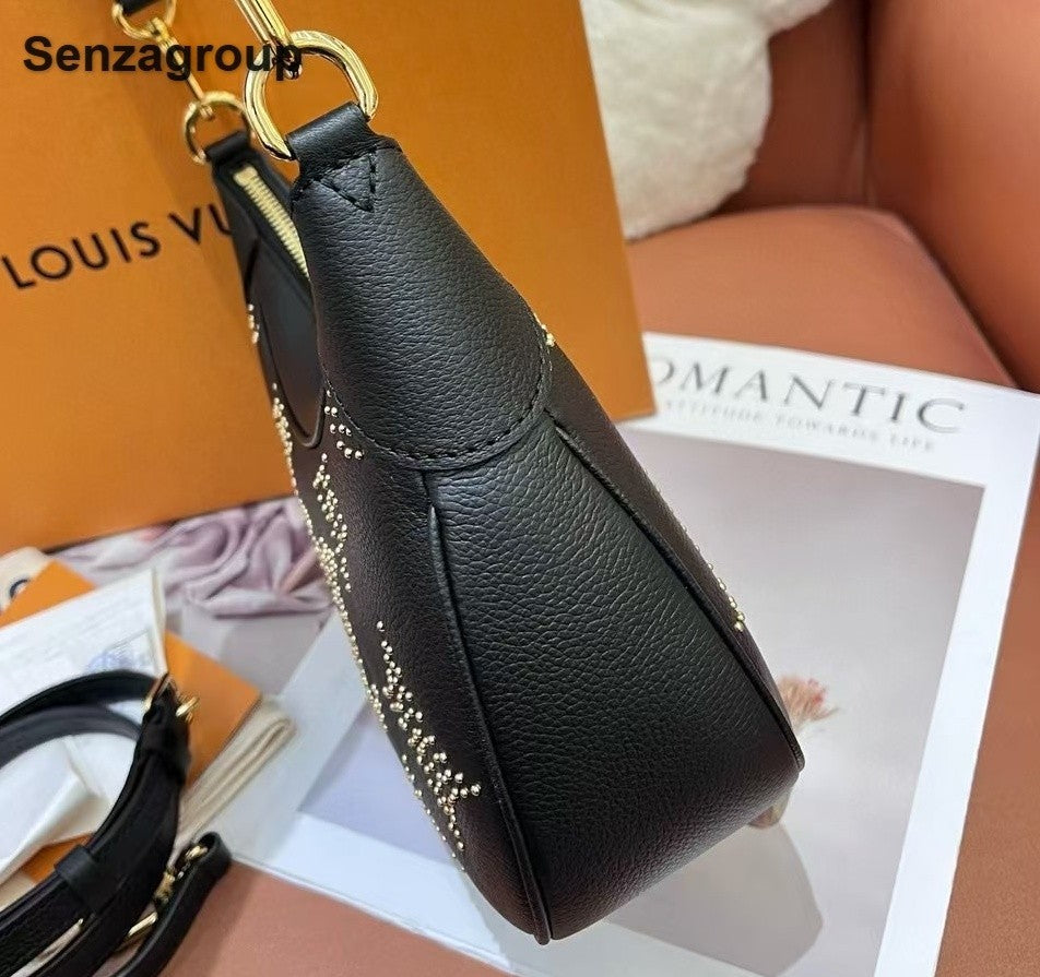 Louis Vuitton Bagatelle Monogram Shoulder Bag Crossbody Black Gold Women Classic