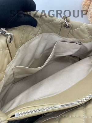 Chanel Quilted Tote Chain Shoulder Bag Beige Silver Hardware Classic