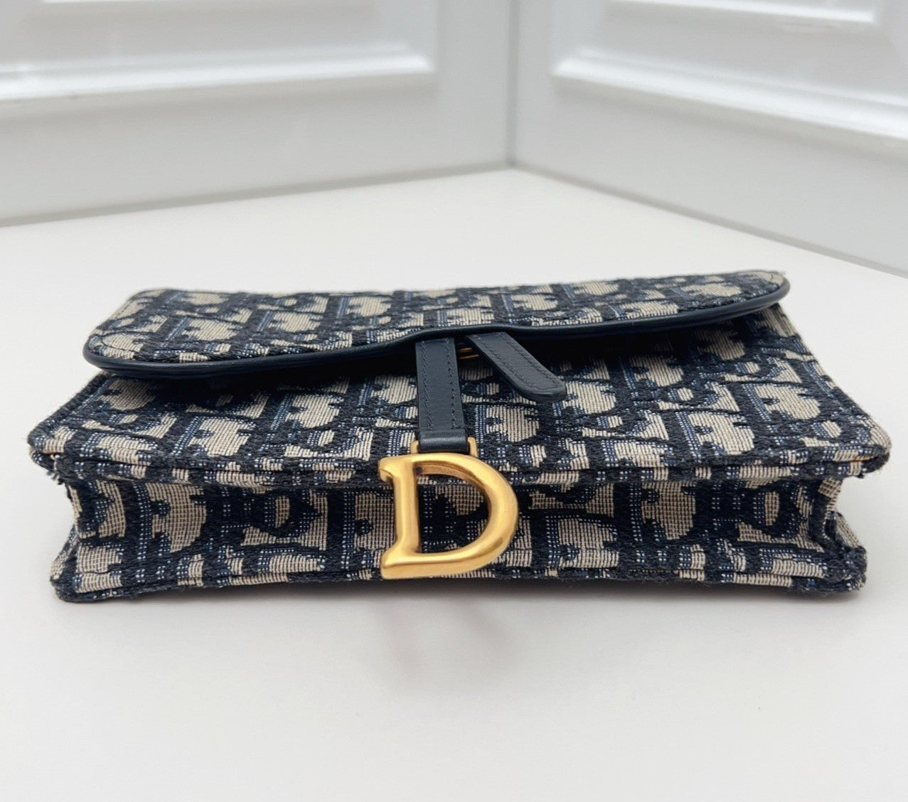 Christian Dior Oblique Chain Shoulder Bag Crossbody Blue Gold Women Classic
