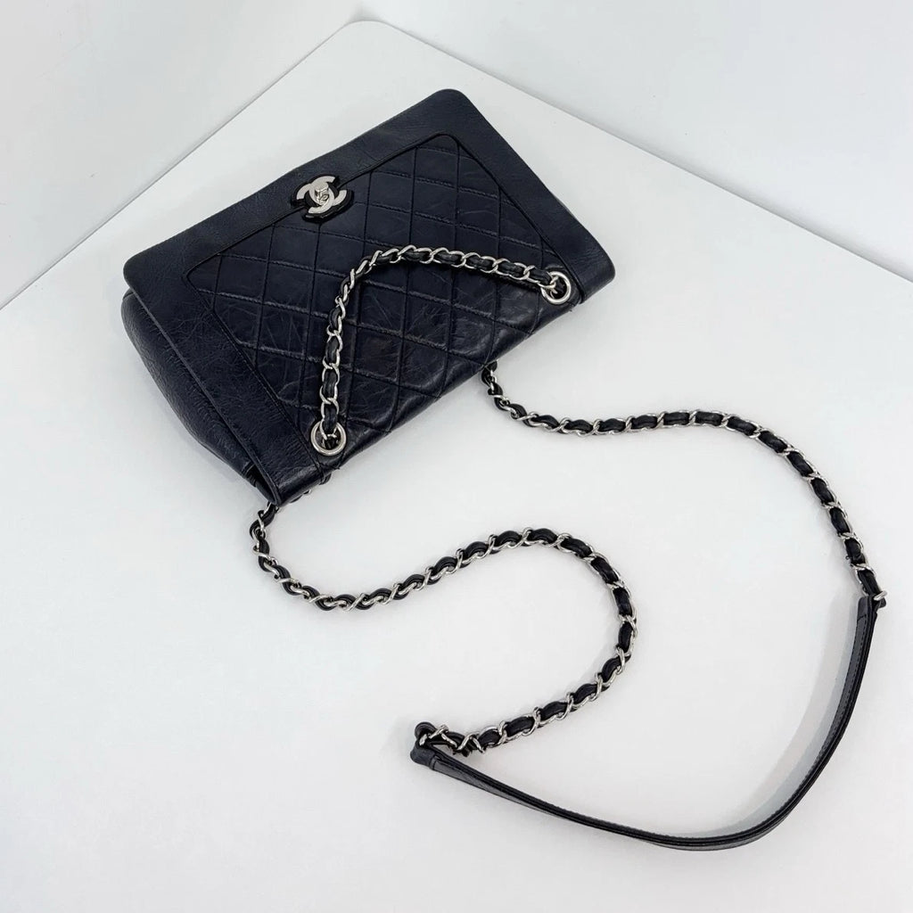Chanel Water Shine Calfskin Black Silver Crossbody Bag Women Classic