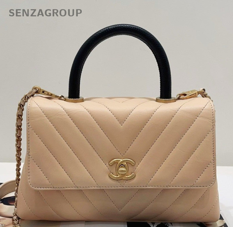 Chanel Cocohandle PM Top Handle Bag Chain Shoulder Bag Pink Gold Women Classic