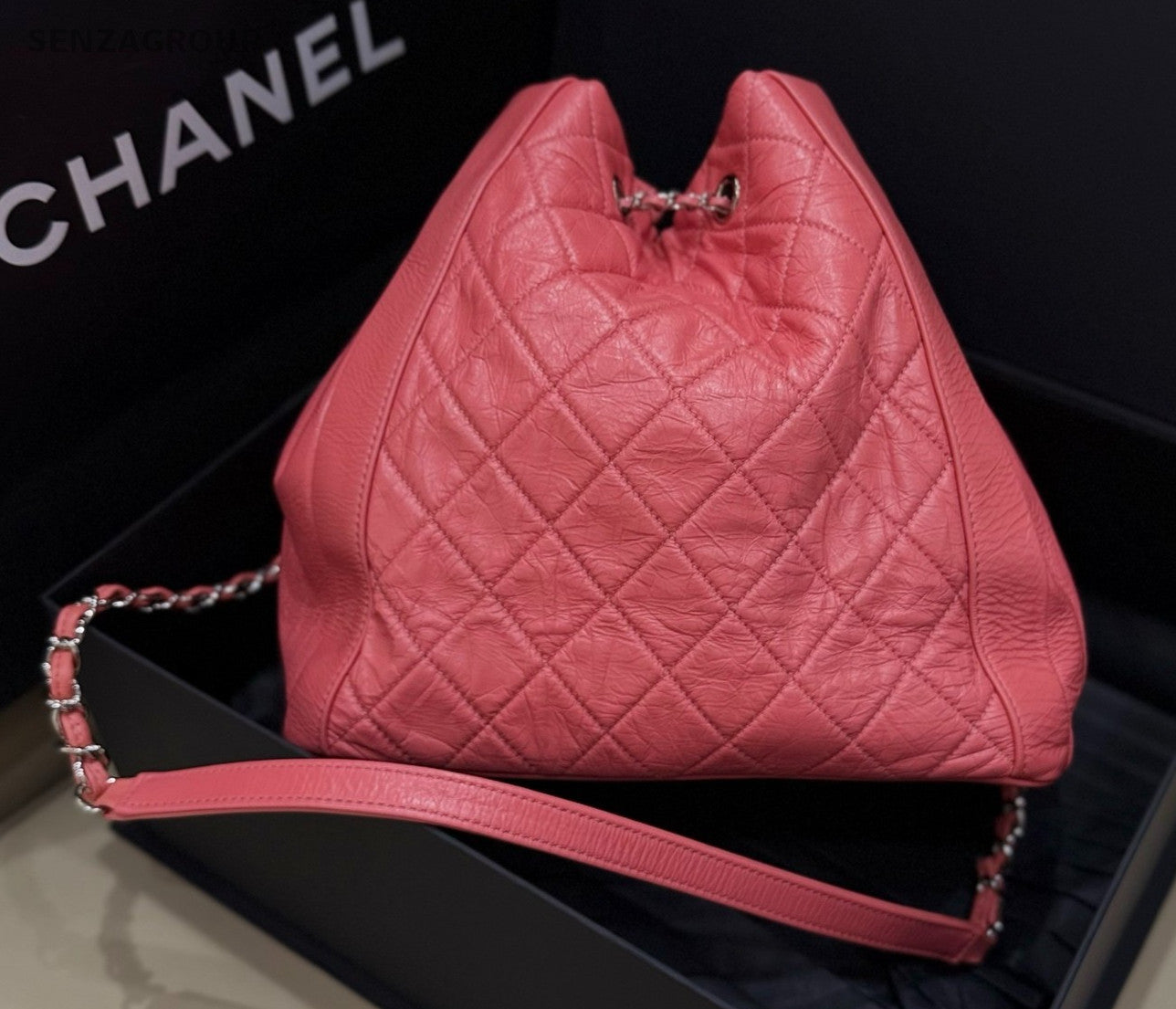 CHANEL Drawstring Bucket Oil waxed leather Chain Shoulder bag Pink Women