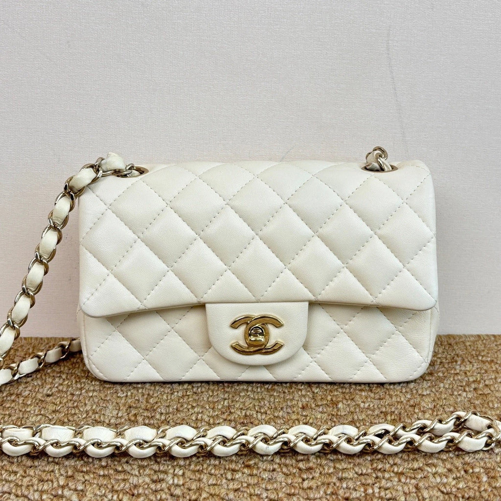 Chanel Classic Flap Mini Chain Lambskin Shoulder Crossbody White Gold Women