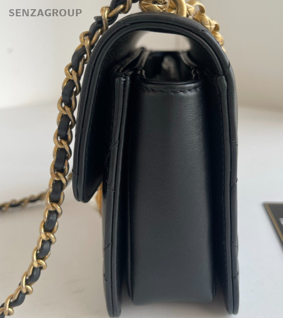 Chanel Diamond Pearl Chain Shoulder Bag Crossbody Black Gold Women Designer