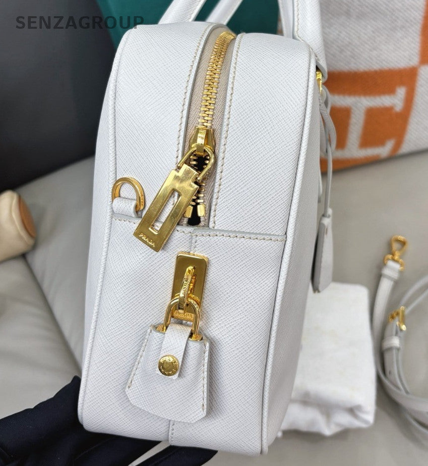 Prada Plum30 Calfskin Top Handle Bag Crossbody White Gold Women Classic