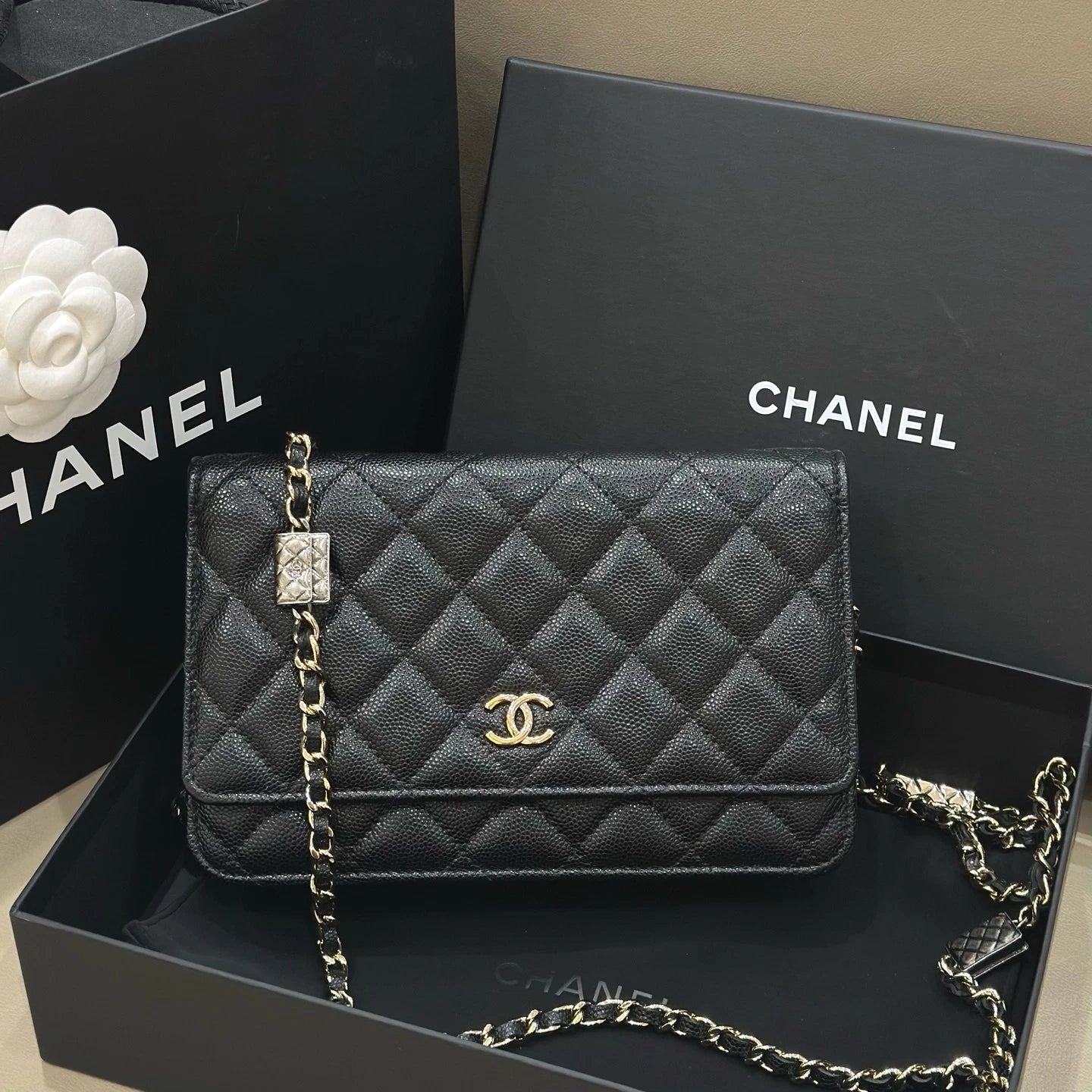 Chanel Black Leather Gold Chain WOC Crossbody Bag For Women
