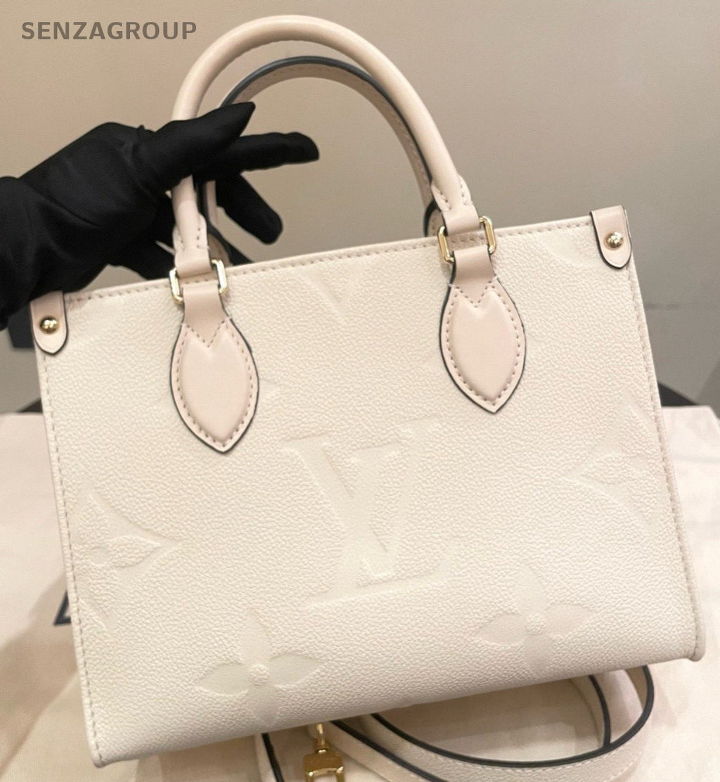 Louis Vuitton Onthego PM Tote Top Handle Bag Crossbody White Gold Women Classic