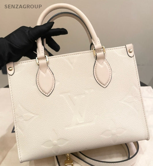 Louis Vuitton Onthego PM Tote Top Handle Bag Crossbody White Gold Women Classic