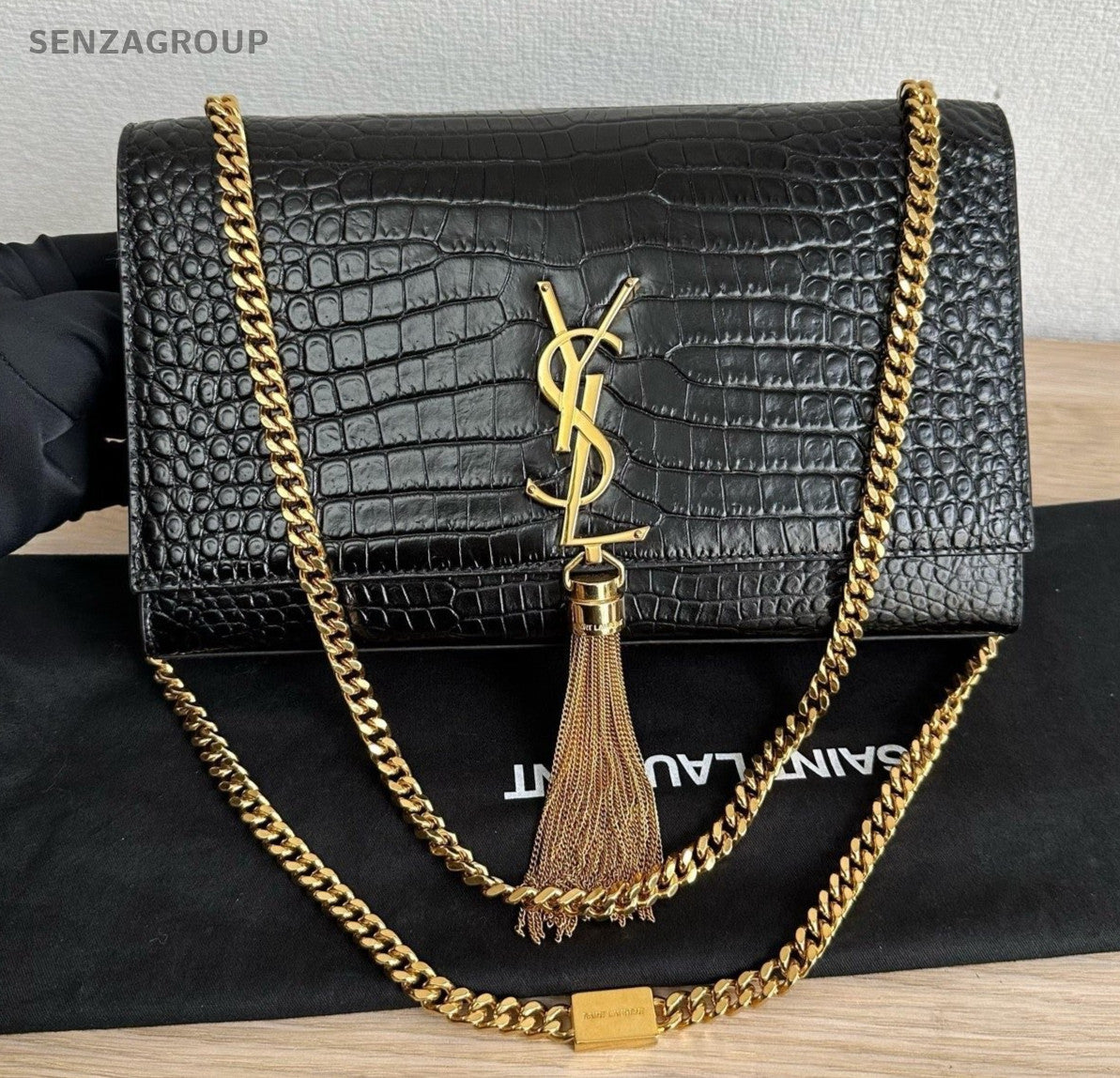Saint Laurent Kate MM Tassel Chain Shoulder Bag Black Gold Women Classic Fashion