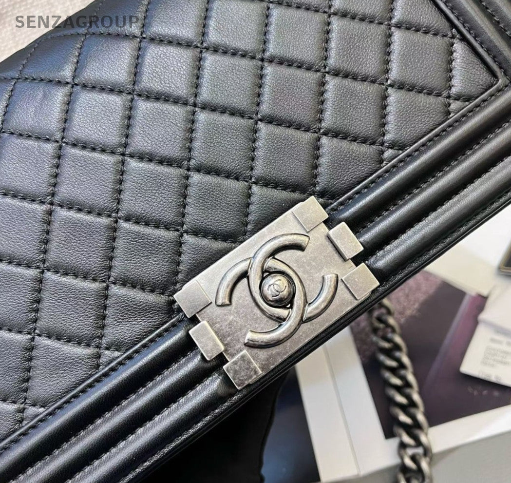 Chanel Leboy MM Calfskin Chain Crossbody Shoulder Bag Women Black Silver Diamond