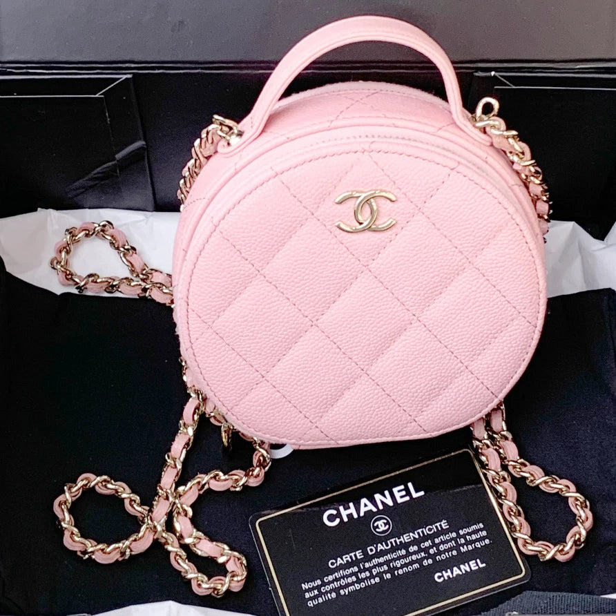 Chanel Calfskin Chain Top Handle Crossbody Bag Pink Gold Women Classic S