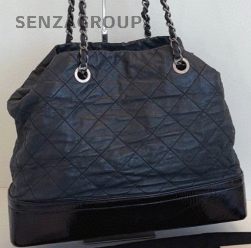 Chanel Gabrielle Calfskin Tote Chain Shoulder Bag Black Silver Women Classic