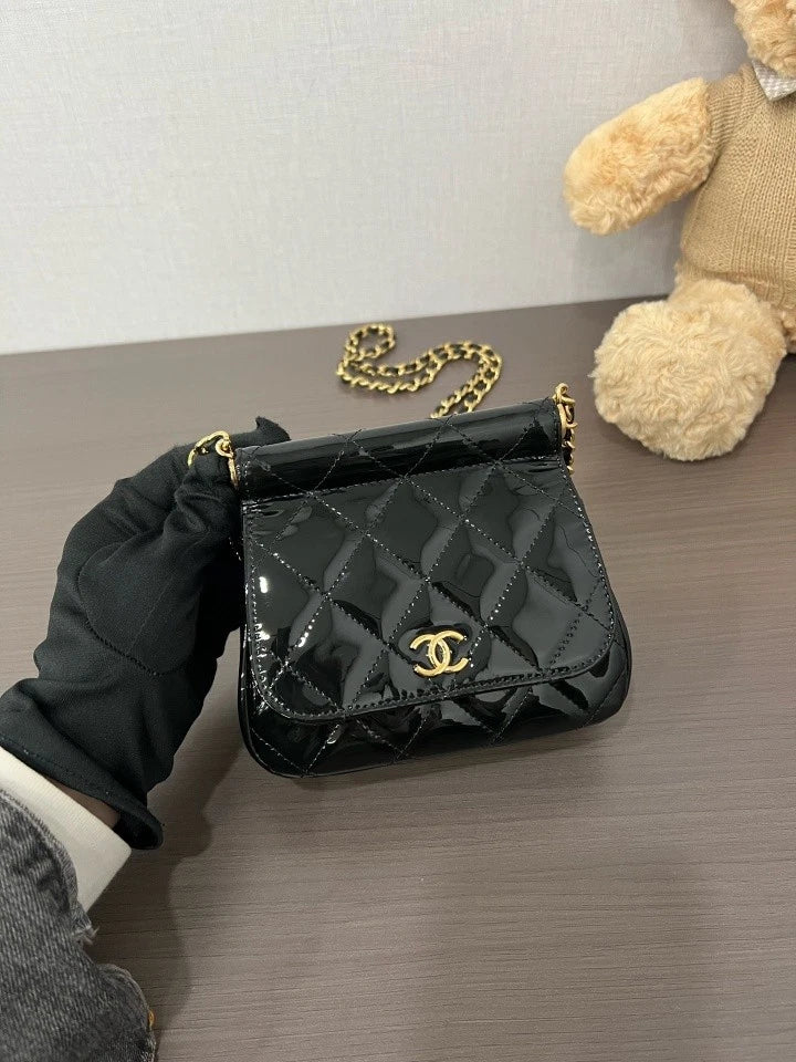 CHANEL Black Gold Patent Leather Mini Crossbody Bag For Women