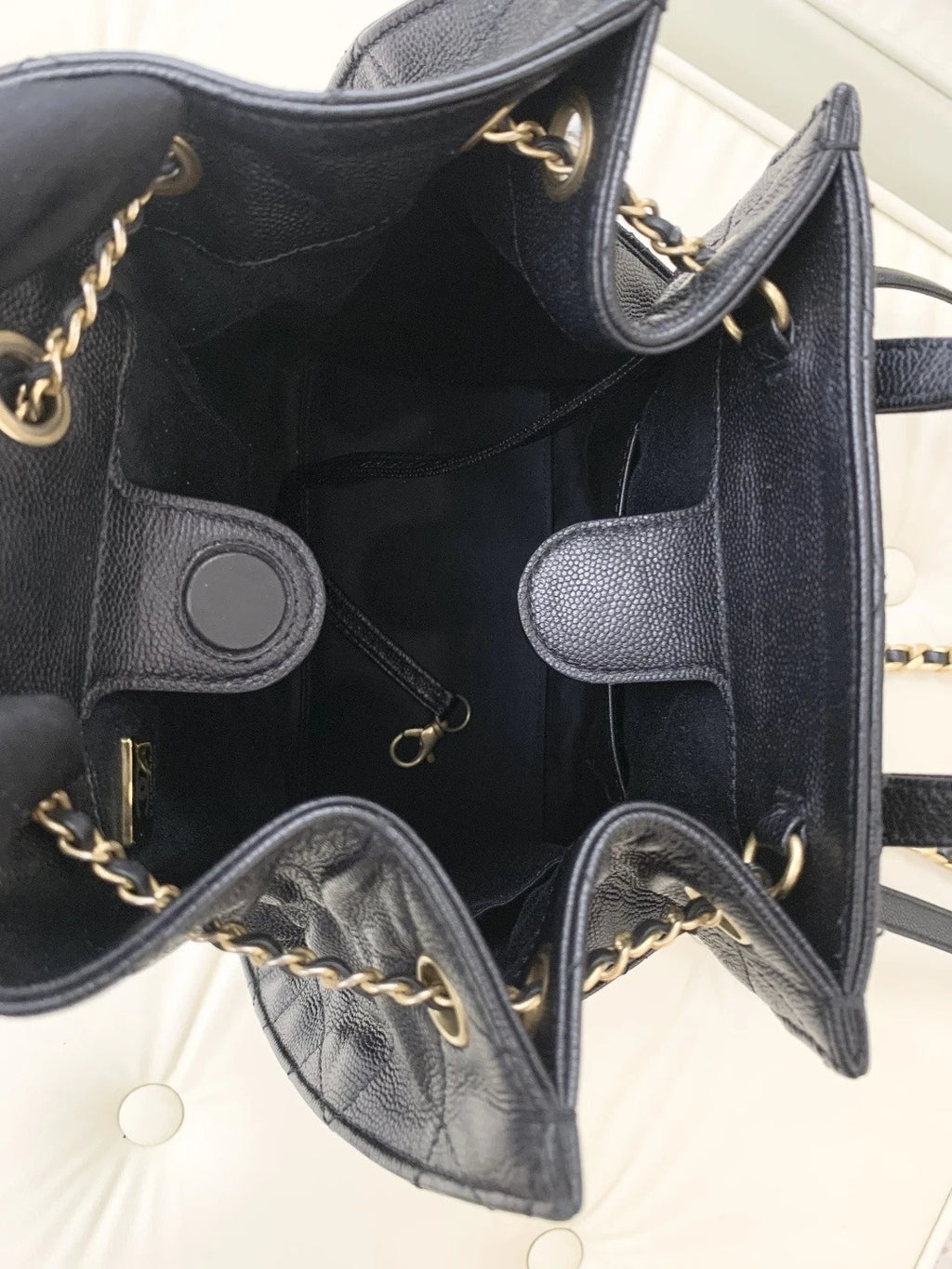 Chanel Calfskin Backpack PM Diamond Chain Top Handle Bag Black Gold Women S