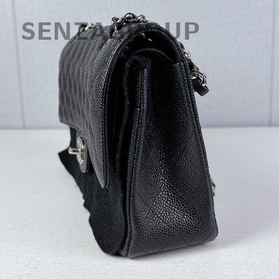 Chanel Classic Flap Calfskin Chain Shoulder Bag Black Silver Women