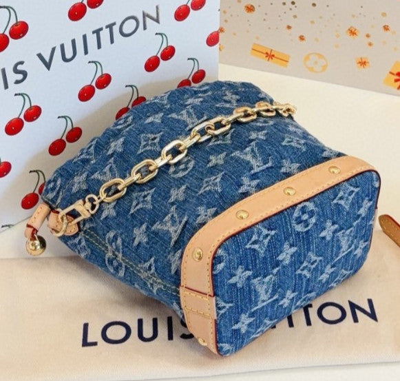 Louis Vuitton Nano Noe Denim Monogram Chain Shoulder Crossbody Blue Gold Women