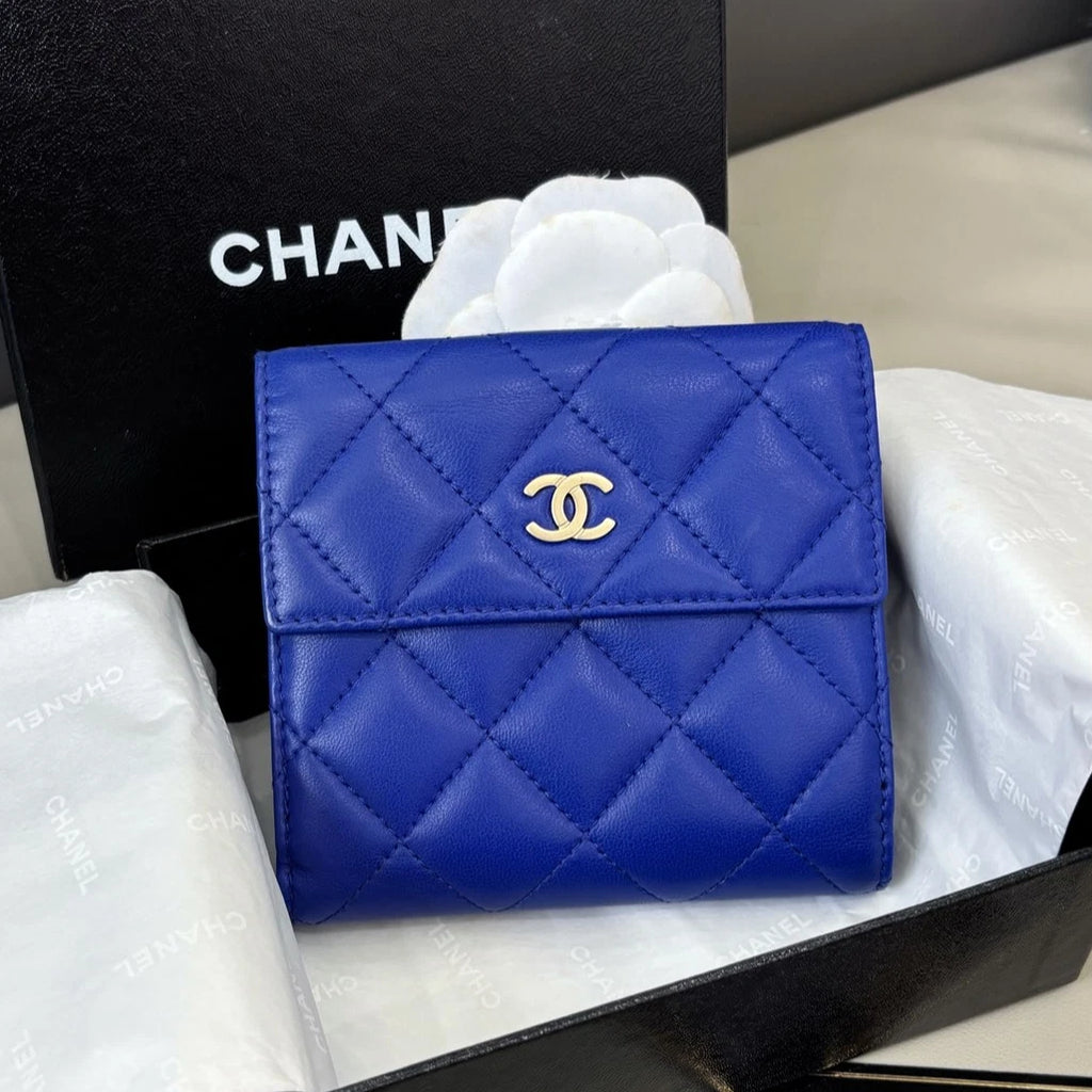 Chanel Lambskin Diamond Wallet Blue Silver Women Classic