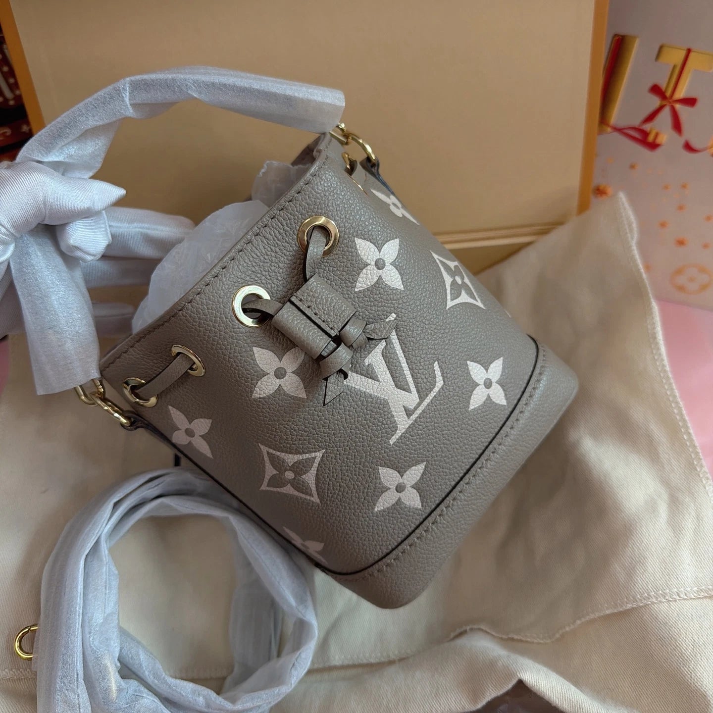 Louis Vuitton Nano Noe Mini Bucket Top Handle Crossbody Gray Gold Women Classic