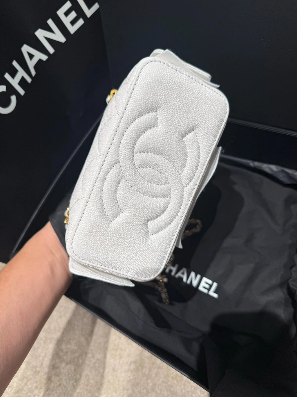 CHANEL 23 Chip Cargo Shoulder Bag White Gold Leather For Women