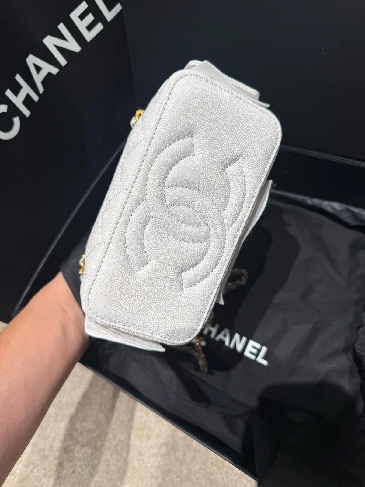 CHANEL 23 Chip Cargo Shoulder Bag White Gold Leather For Women