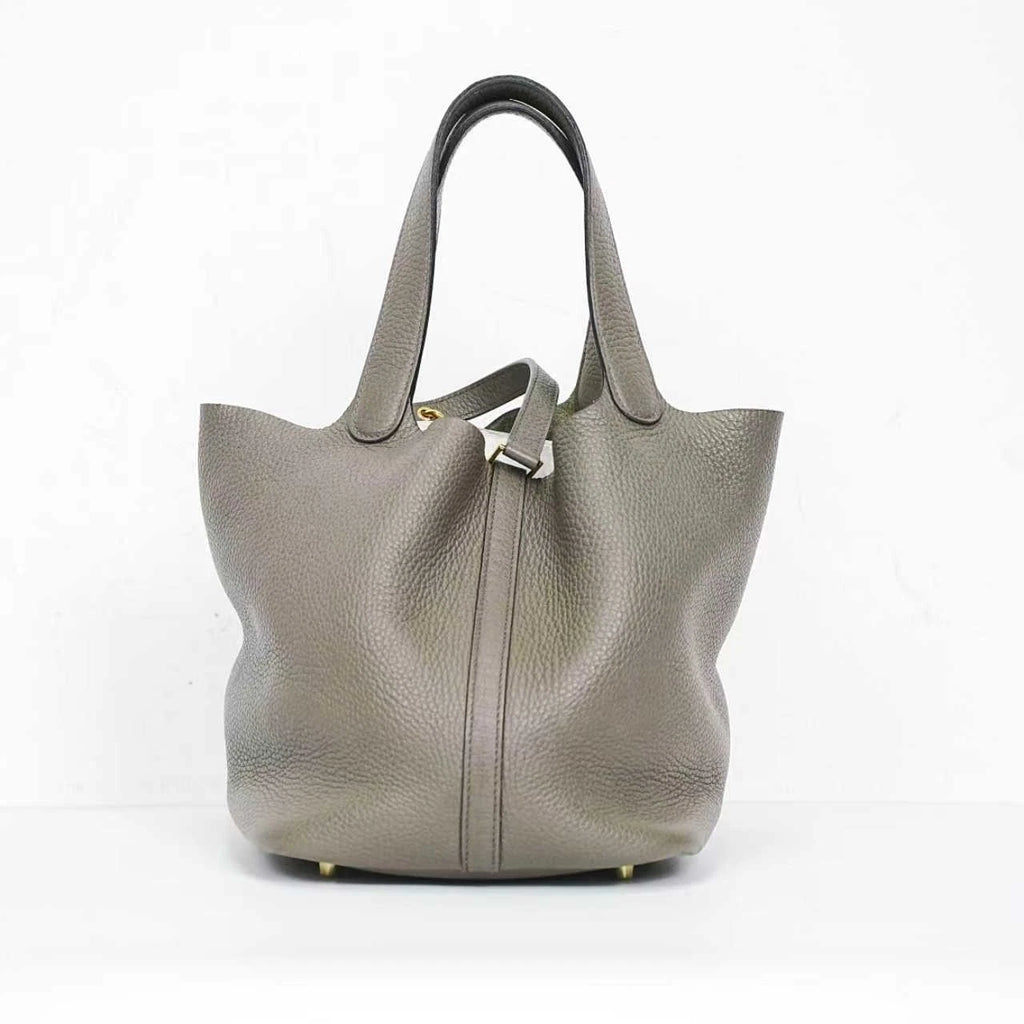 Hermes Picotin22 Gray Leather Gold Hardware Bucket Handbag Excellent