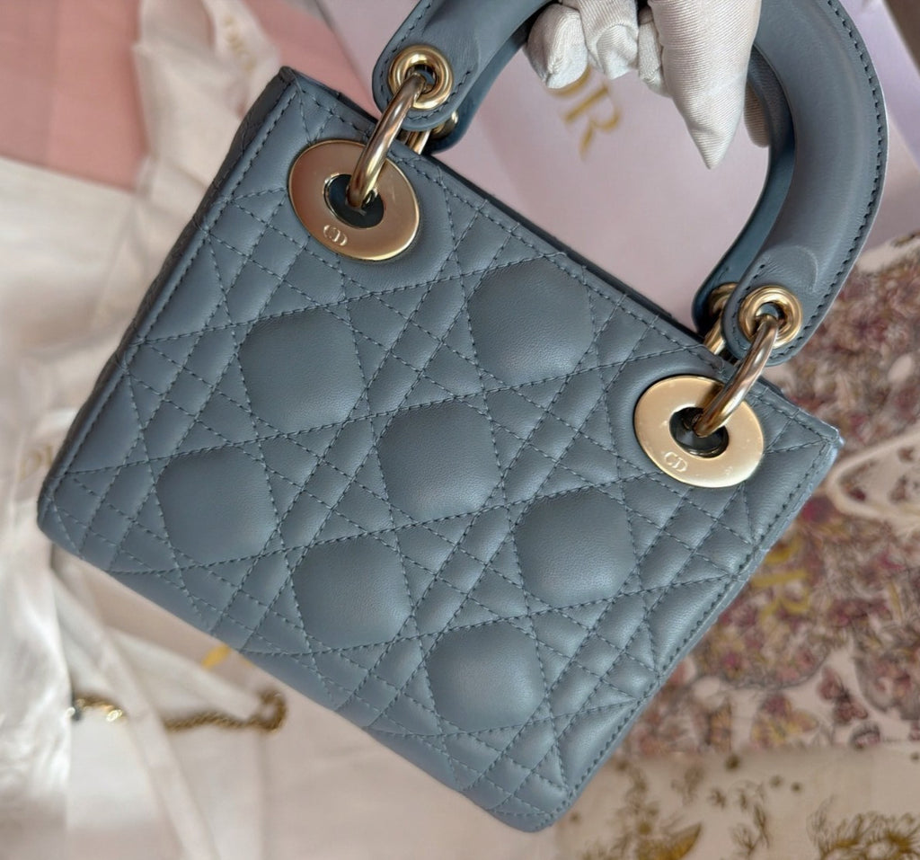 Christian Dior Lady Dior Chain Crossbody Top Handle Bag Blue Gold Women Classic