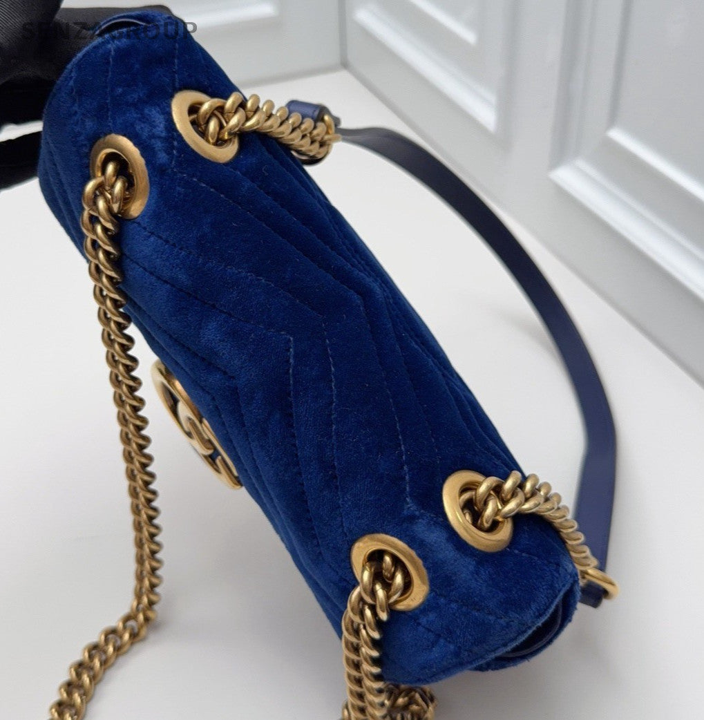 Gucci Marmont 22 Chain Shoulder Bag Crossbody Blue Gold Women Classic Fashion
