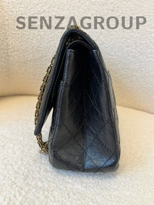 Chanel 2.55 Black Gold Quilted Vintage Calfskin Chain Shoulder Bag Medium