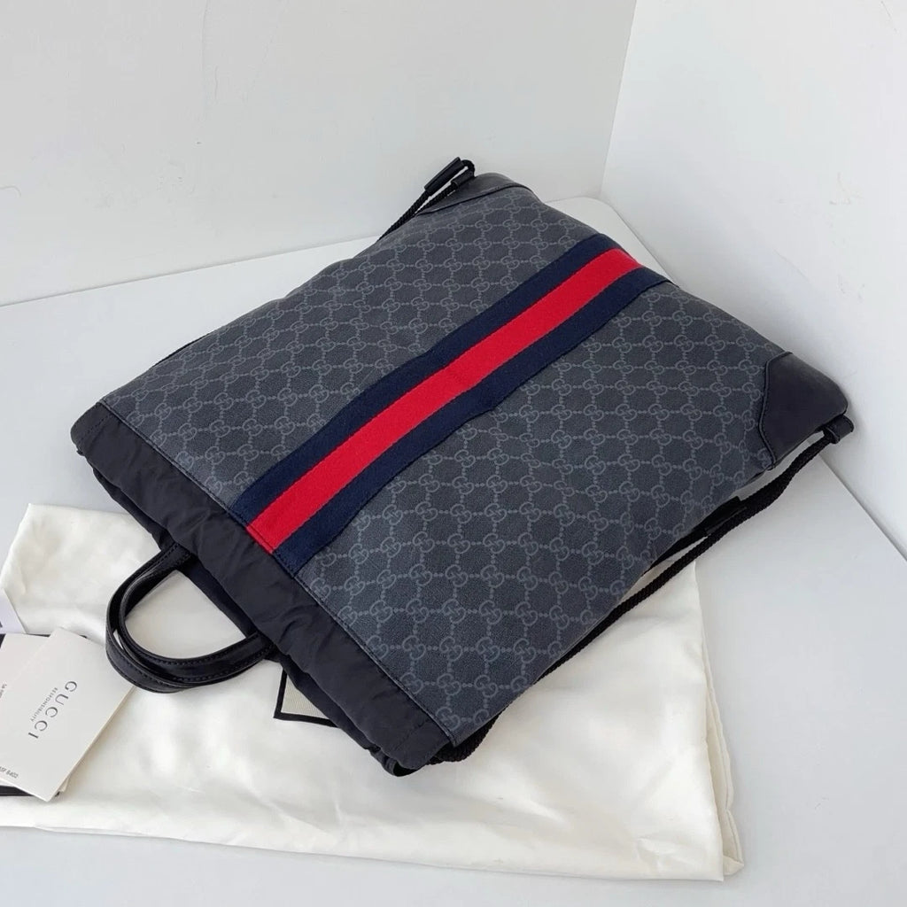 Excellent Gucci Black Monogram Drawstring Satchel Bag Handbag Backpack