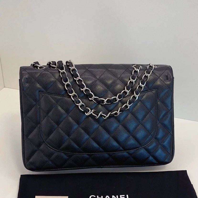 Chanel Flap Jumbo Calfskin Chain Shoulder Crossbody Black Silver Excellent