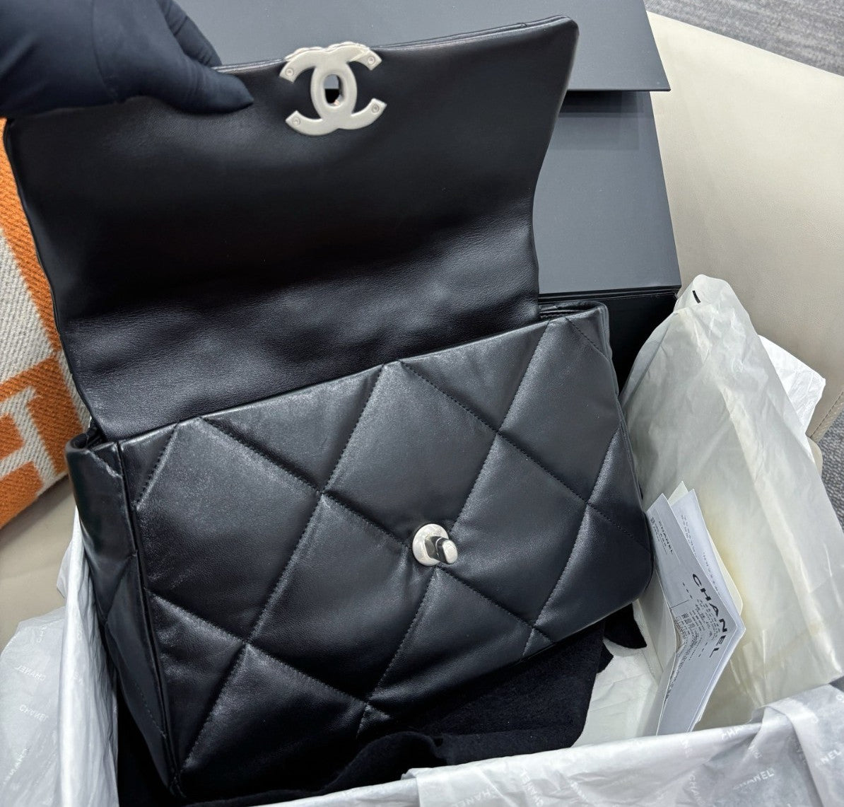 Chanel 19Bag MM Diamond Chain Shoulder Bag Black Silver Used Women Classic