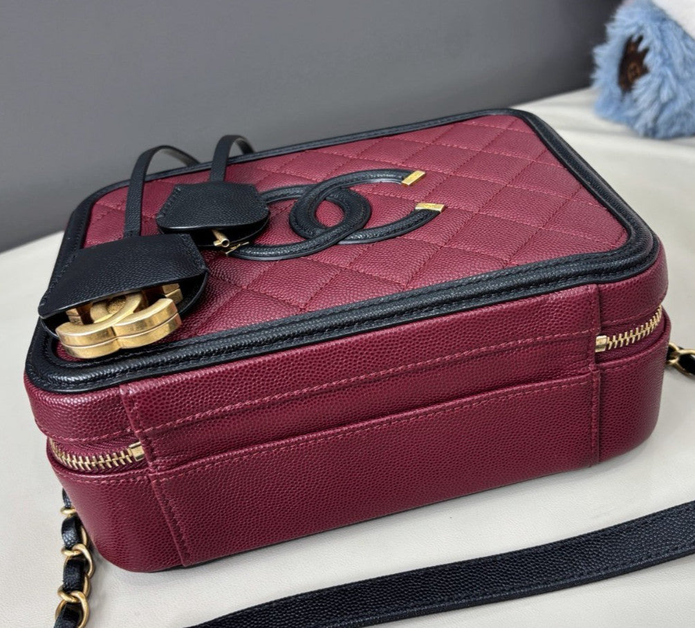 Chanel Vanity Case MM Chain Crossbody Red Black Gold Women Classic Diamond