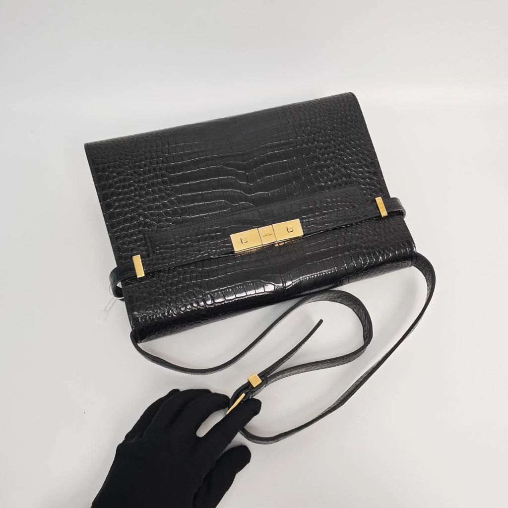 YSL Manhattan Medium Black Croc Embossed Leather Shoulder Bag Women