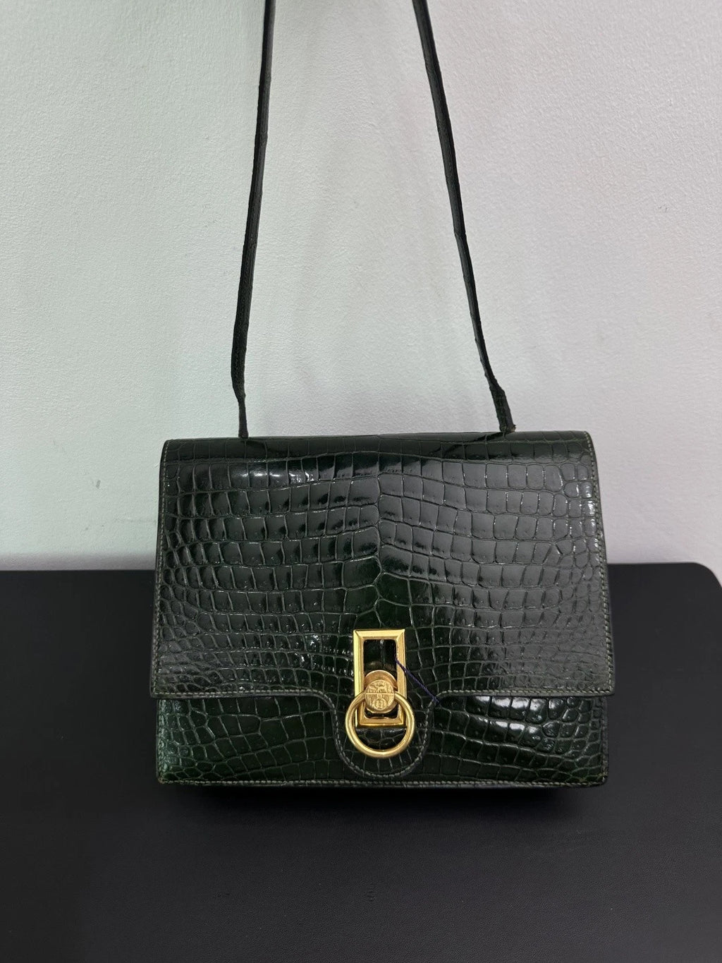 Authentic Vintage Hermes Dark Green 2Way Shoulder Bag Crossbody Gold Hardware