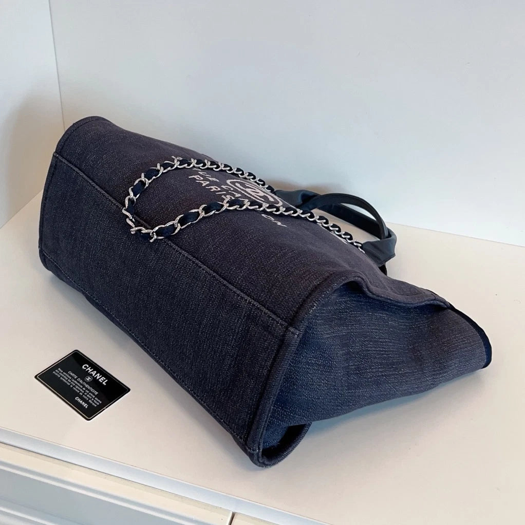 Chanel Canvas Calfskin Beach Bag Chain Top Handle Shoulder Blue Silver Women