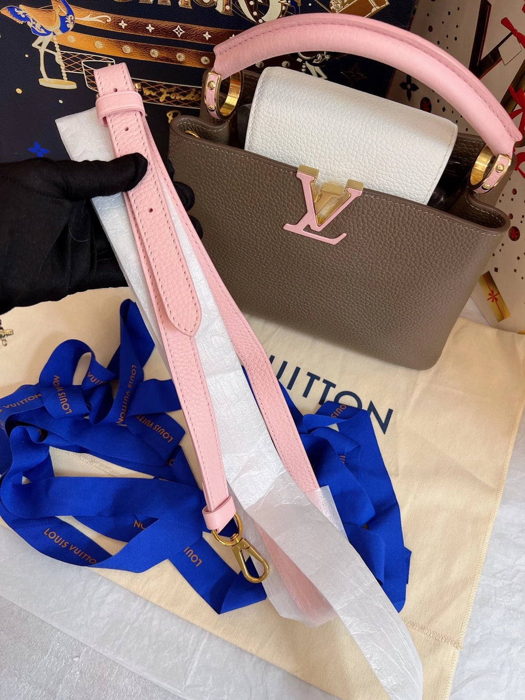 Louis Vuitton Capucines BB Top Handle Bag Crossbody Gray Pink Gold Women Classic