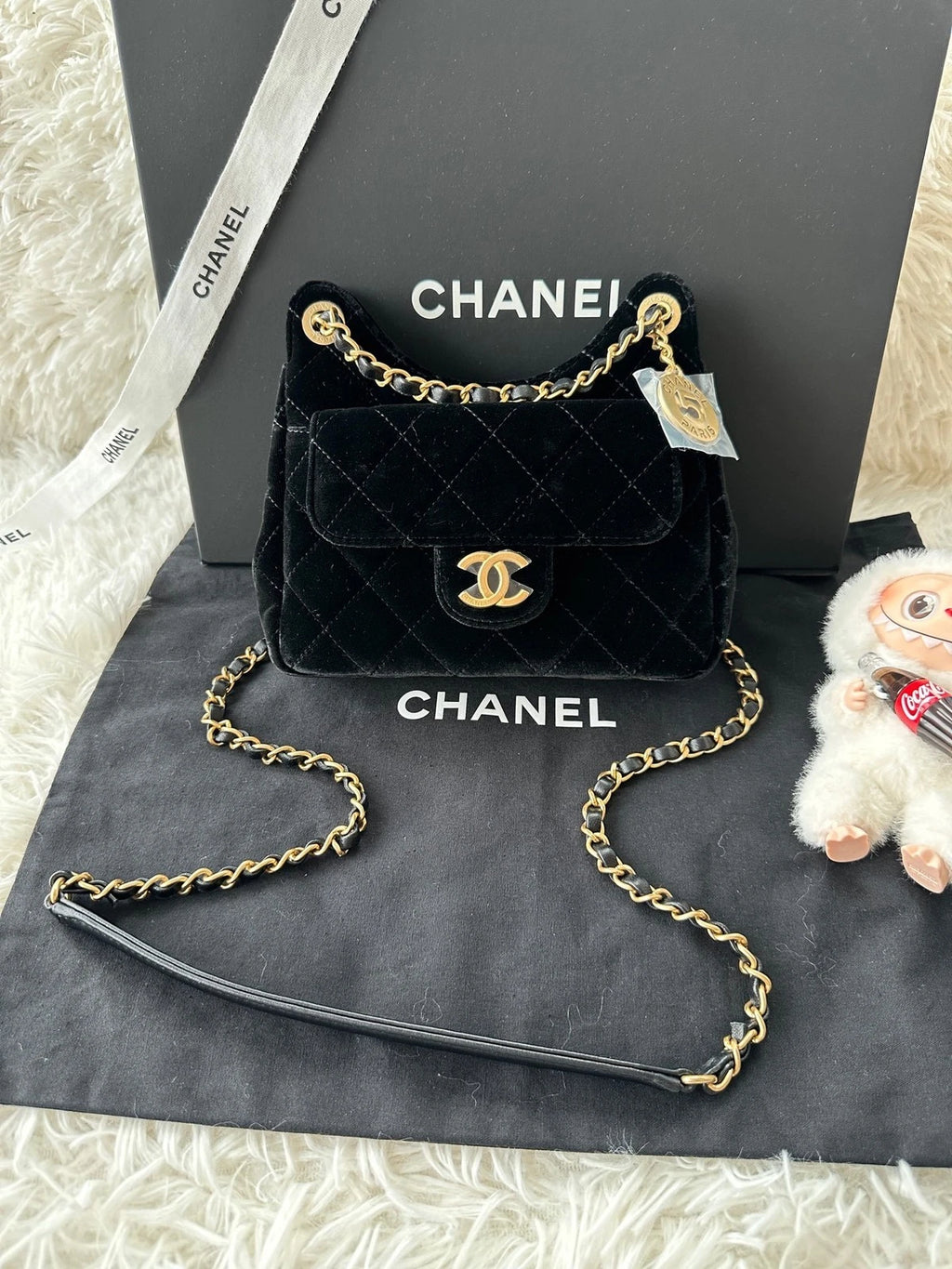CHANEL Small Black Gold Velvet Shoulder Bag For Women