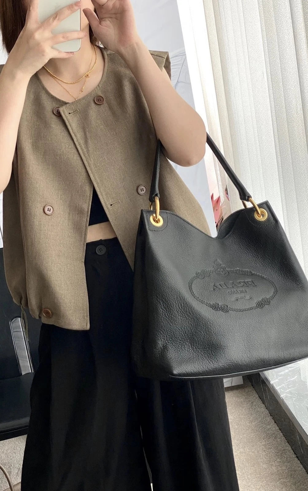Prada Hobo Tote 2Way Top Handle Shoulder Bag Black Gold Used Women Classic