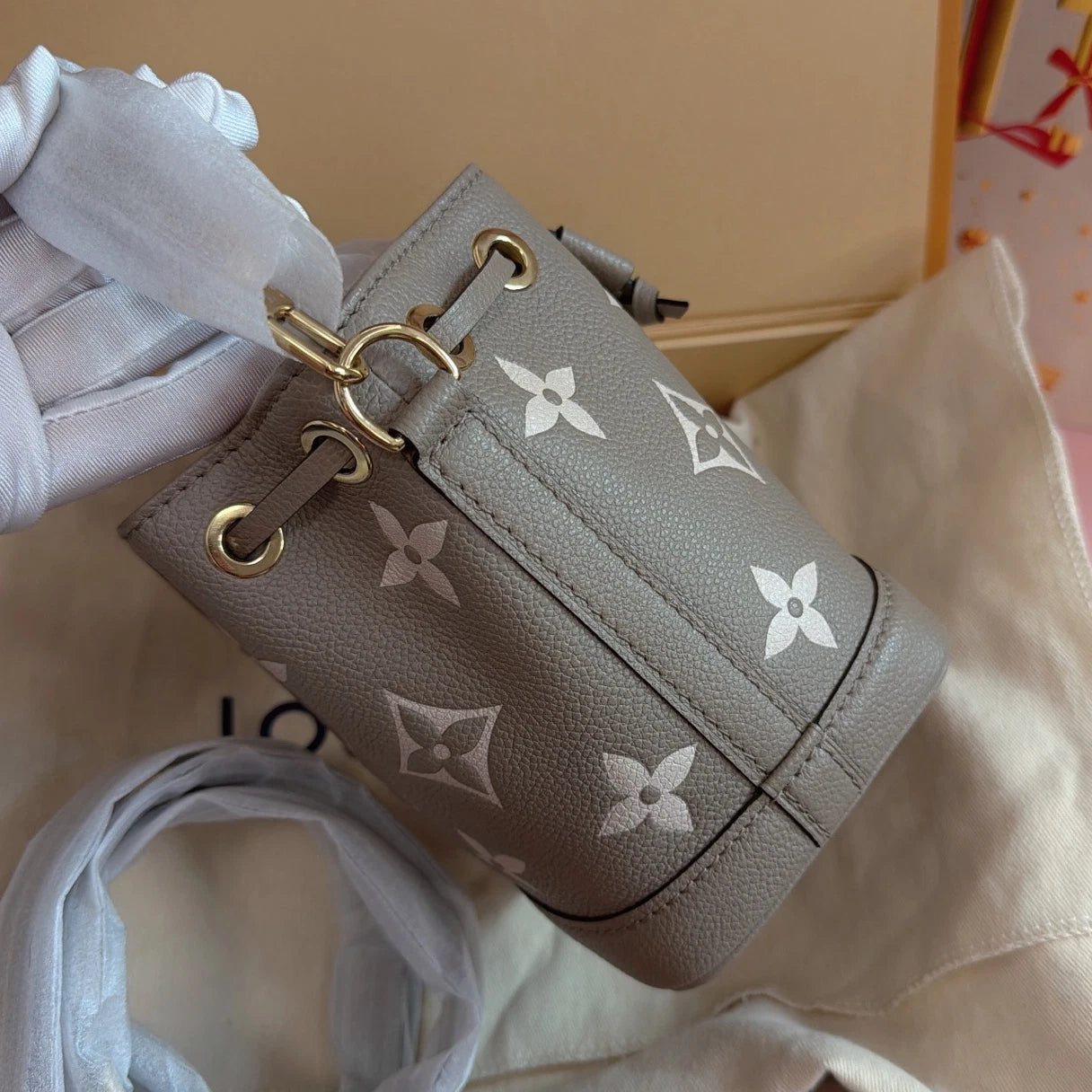 Louis Vuitton Nano Noe Mini Bucket Top Handle Crossbody Gray Gold Women Classic