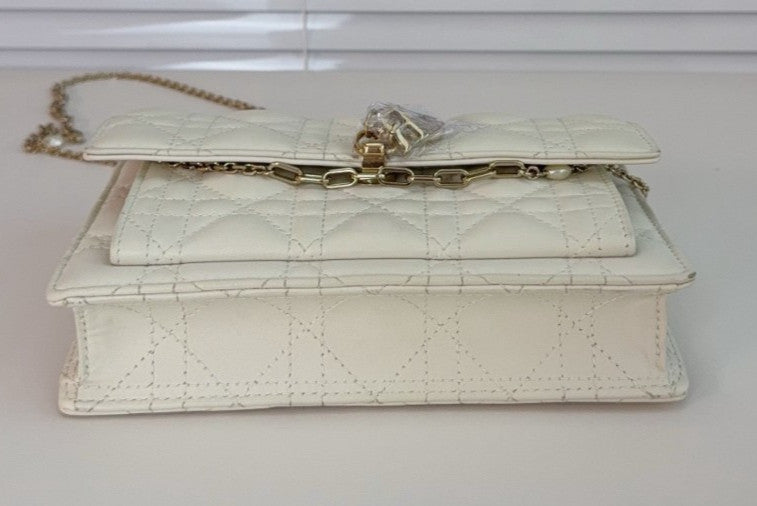 Christian Dior Woc Lambskin Wicker check pattern Chain Shoulder bag White Gold