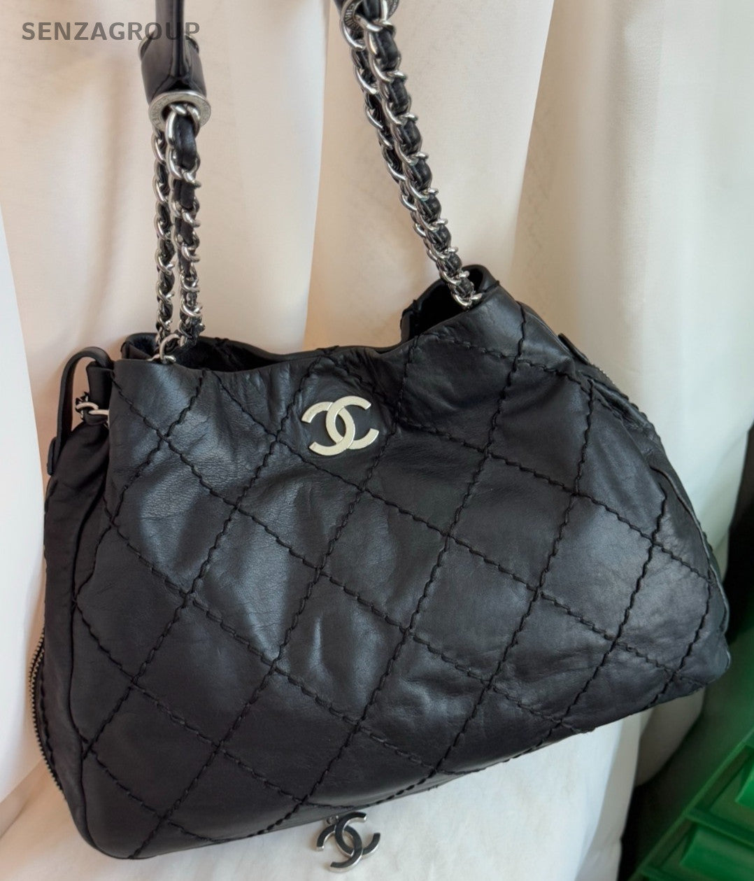 Chanel Tote Chain Shoulder Bag Crossbody Black Silver Women Diamond Classic