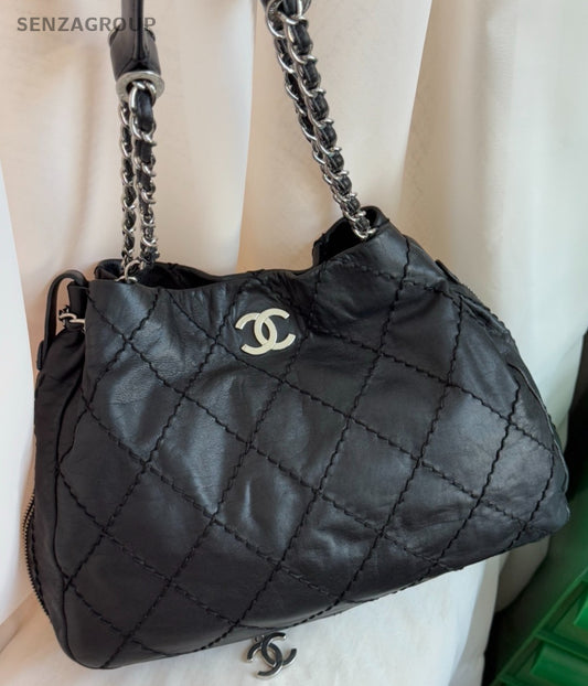 Chanel Tote Chain Shoulder Bag Crossbody Black Silver Women Diamond Classic