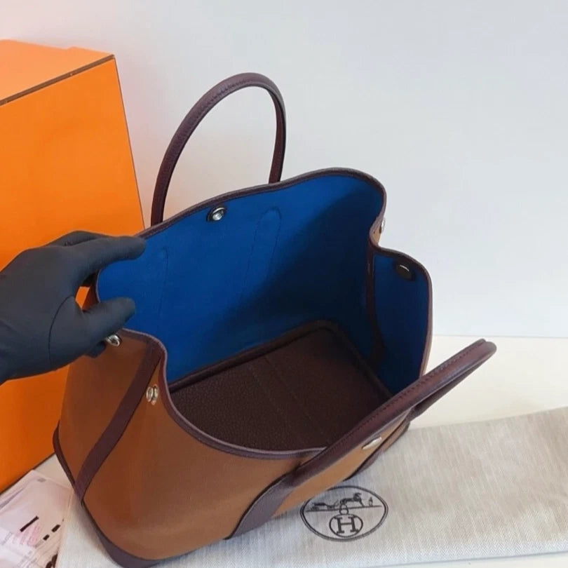 Hermes Garden Party30 Canvas Top Handle Bag Brown Silver Women Classic
