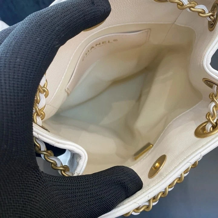 Chanel Diamond Lambskin Chain Drawstring Backpack White Gold Women Classic D