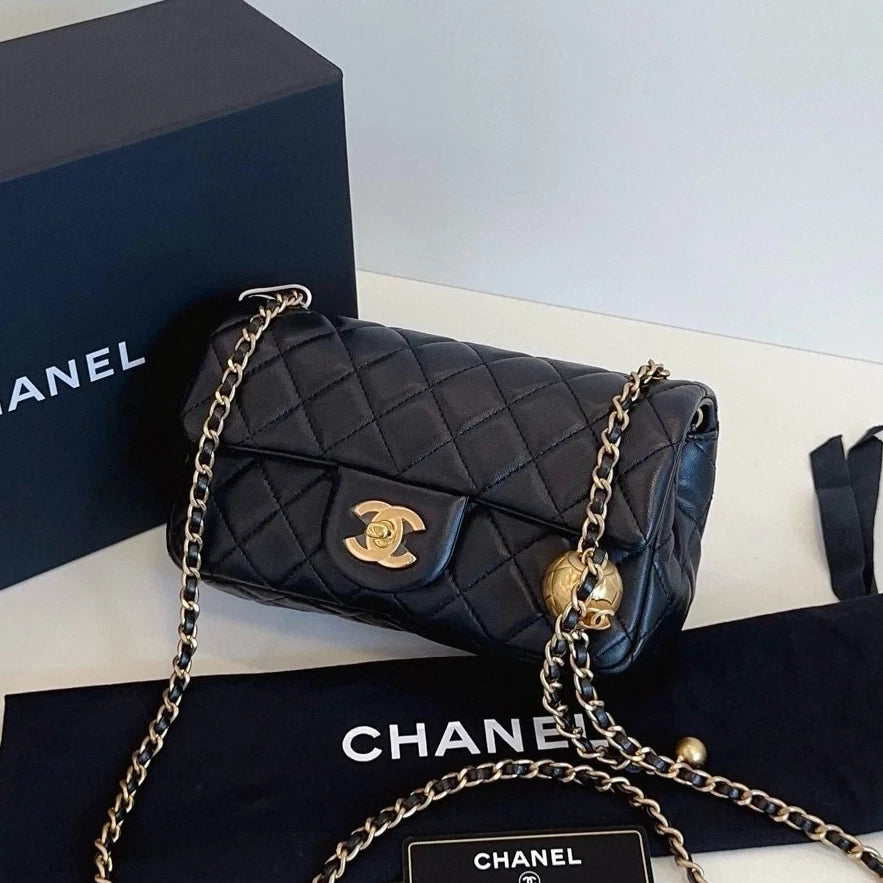 Chanel Classic Flap Mini Chain Shoulder Crossbody Black Gold Women Diamond