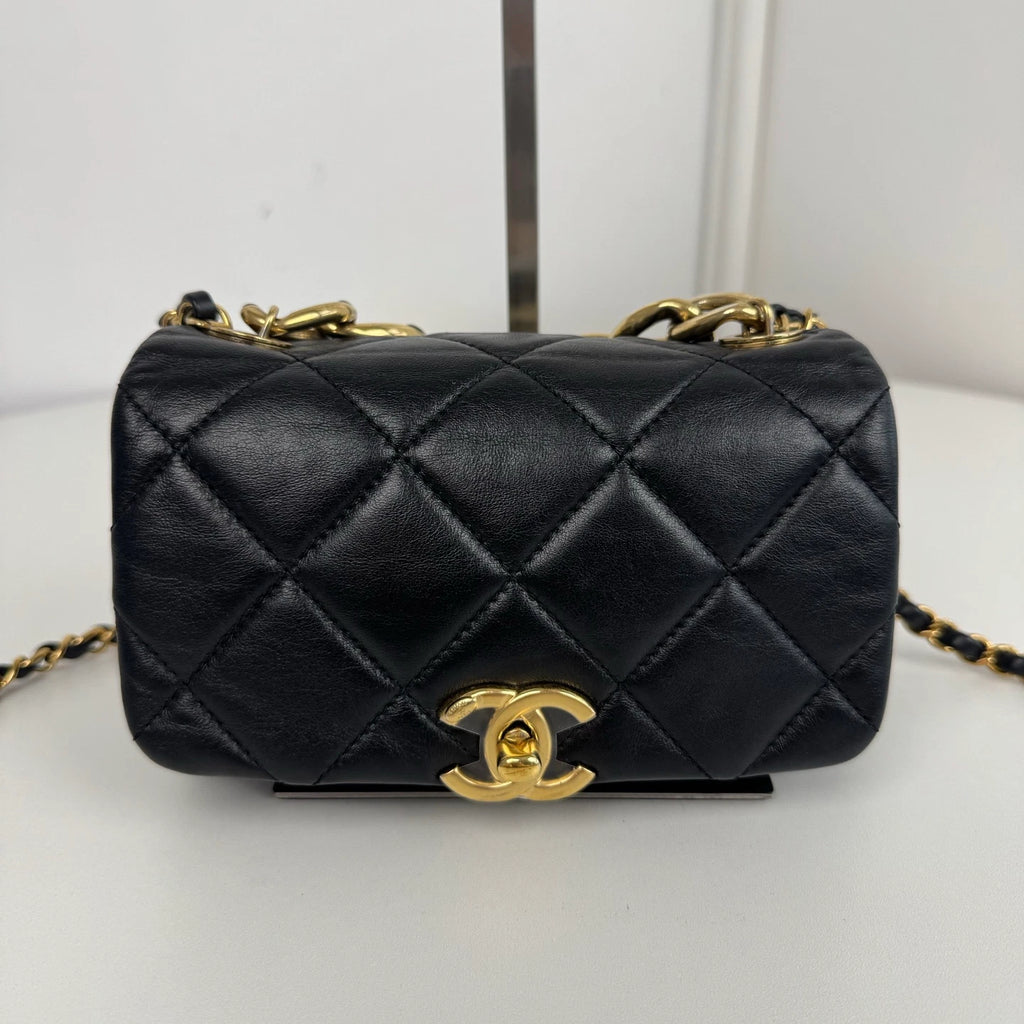 Chanel Diamond Mini Chain Shoulder Bag Crossbody Black Gold Women Classic