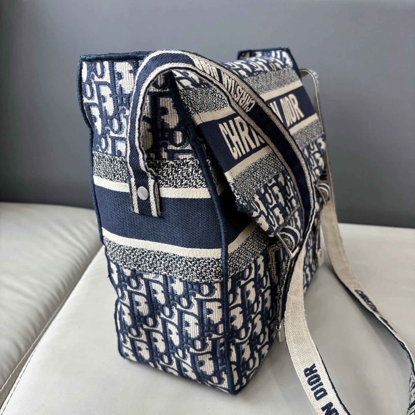 Excellent Christian Dior Camp Messenger Bag Blue Oblique Canvas Shoulder Bag