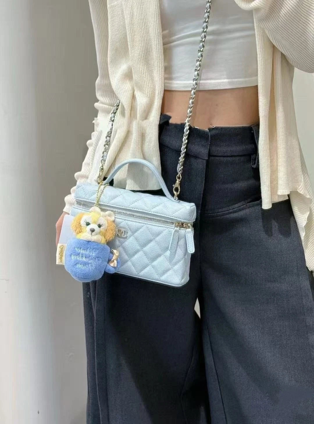 Chanel Light Blue Leather Detachable Gold Chain Lunch Box Bag For Women