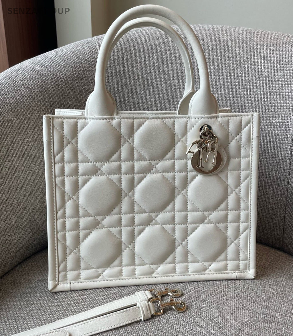 Christian Dior Book Tote PM Top Handle Bag Crossbody White Gold Women Classic