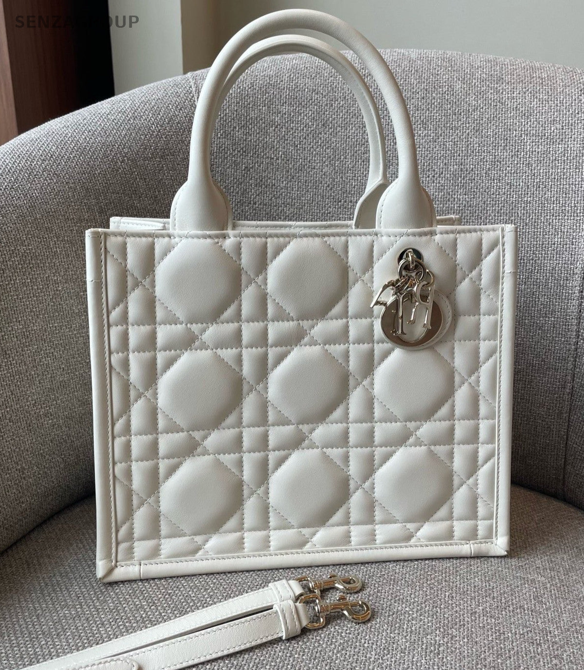 Christian Dior Book Tote PM Top Handle Bag Crossbody White Gold Women Classic